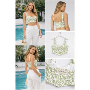 For Love & Lemons Nomi Corset Crop Top Large Green White Bustier Structured